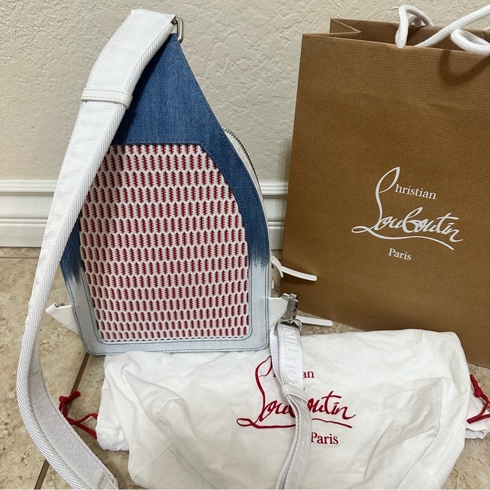 authentic Christian Louboutin Loubifunk Dégradé Denim & Jacquard Backpack - Picture 9 of 11